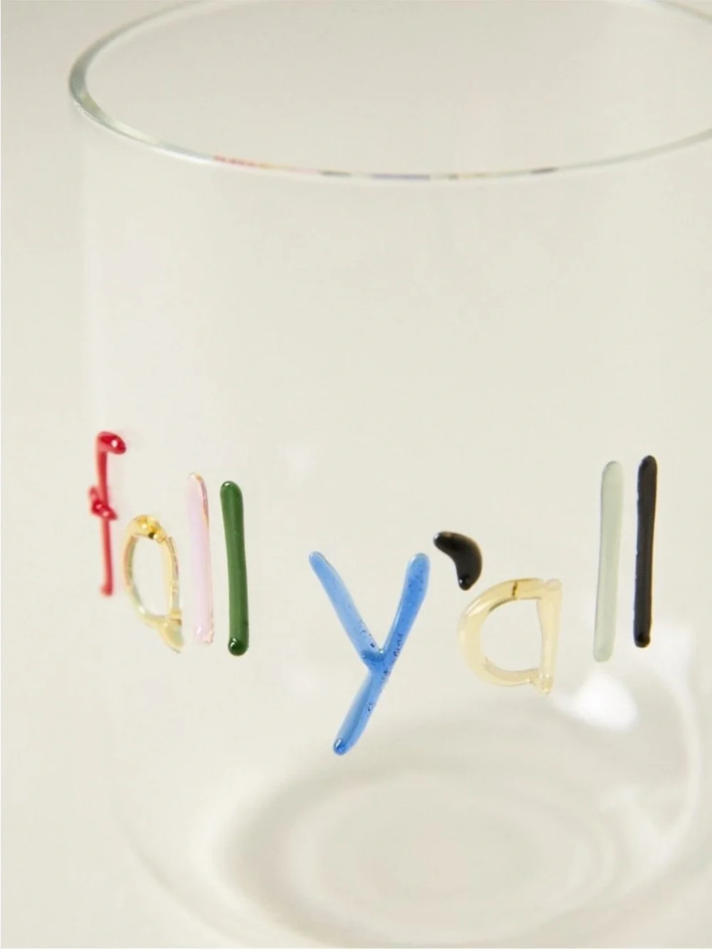 2 Glasses Anthropologie Clear Glass Tumbler with Raised Multicolor Lettering